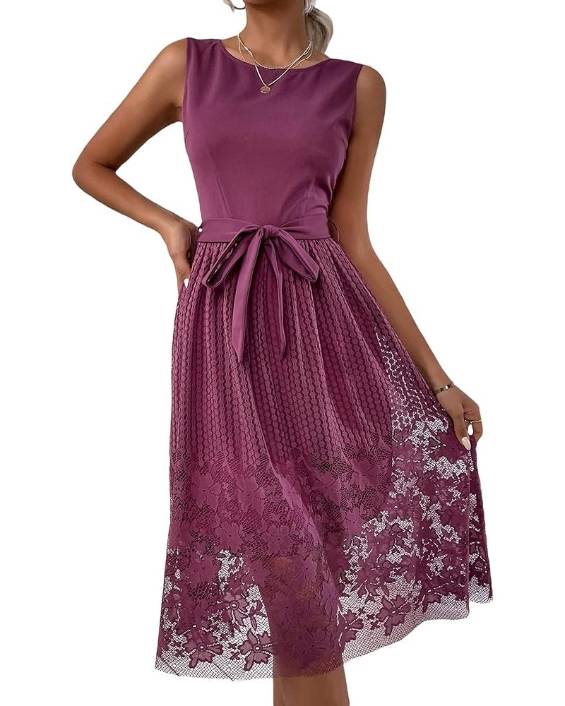 Women's Elegant Floral Lace A Line Dress Sleeveless Tie Waist Cocktail Party Dresses Purple $18.48 Dresses