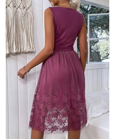 Women's Elegant Floral Lace A Line Dress Sleeveless Tie Waist Cocktail Party Dresses Purple $18.48 Dresses