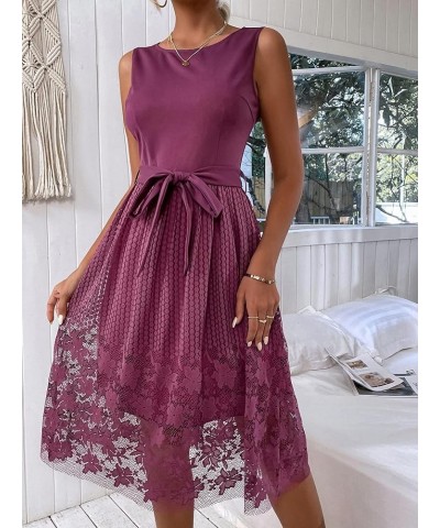 Women's Elegant Floral Lace A Line Dress Sleeveless Tie Waist Cocktail Party Dresses Purple $18.48 Dresses