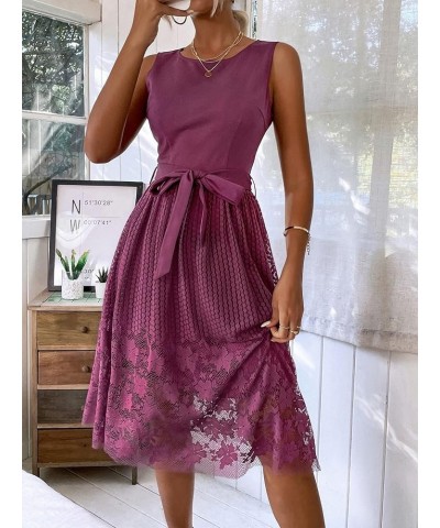 Women's Elegant Floral Lace A Line Dress Sleeveless Tie Waist Cocktail Party Dresses Purple $18.48 Dresses