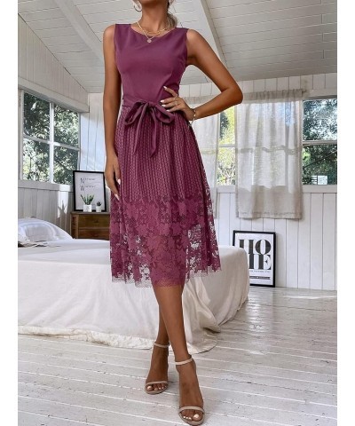 Women's Elegant Floral Lace A Line Dress Sleeveless Tie Waist Cocktail Party Dresses Purple $18.48 Dresses