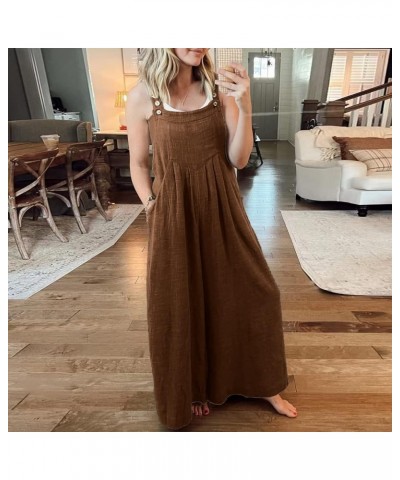 Women Wide Leg Overalls Summer Sleeveless Jumpsuits Loose Solid Color Suspender Comfy Baggy Button Rompers with Pockets Z1 Br...