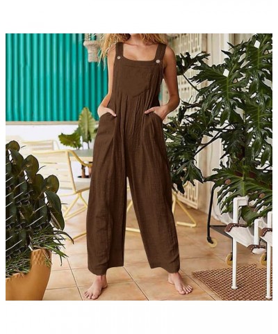 Women Wide Leg Overalls Summer Sleeveless Jumpsuits Loose Solid Color Suspender Comfy Baggy Button Rompers with Pockets Z1 Br...