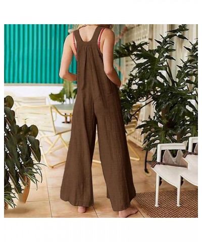 Women Wide Leg Overalls Summer Sleeveless Jumpsuits Loose Solid Color Suspender Comfy Baggy Button Rompers with Pockets Z1 Br...