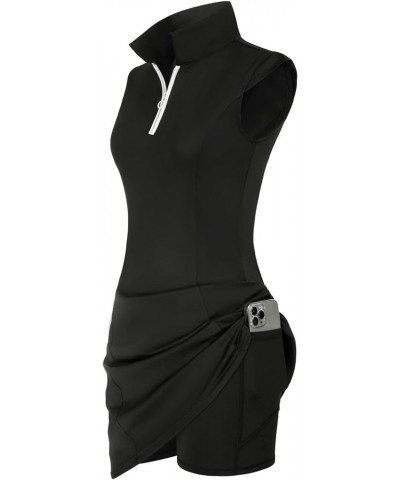 Women Tennis Dress with Shorts Pockets Zip up Workout Sleeveless Exercise Golf Athletic Dresses Black $25.19 Activewear