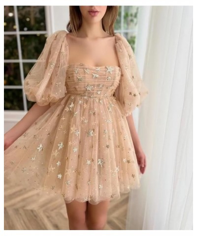 Women's Sparkly Starry Tulle Prom Dresses Puffy Sleeve Long Glitter Star Tea Length Formal Evening Party Gown Knee Length-lil...