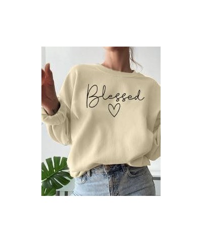 Blessed Sweatshirt for Women Letter Print Lightweight Thanksgiving Pullover Tops Blouse Apricot $12.71 Hoodies & Sweatshirts