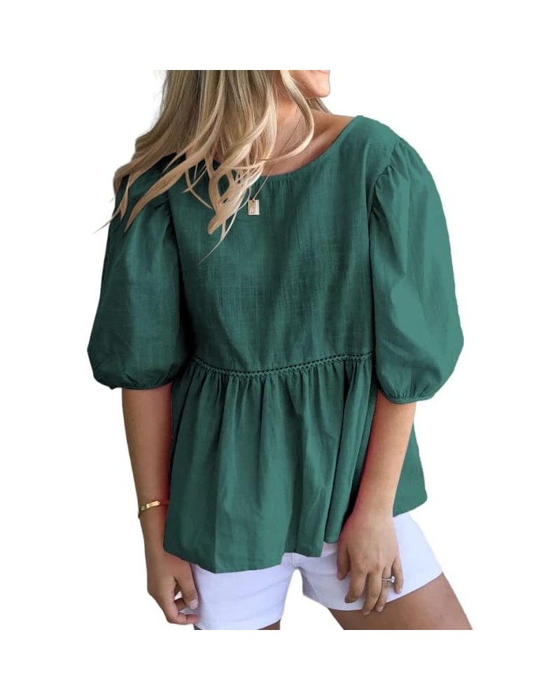 Womens Summer Peplum Tops Loose Casual Tunic 2023 Balloon Sleeve Blouses Crew Neck Cute Shirts Deep Green $13.80 Tops