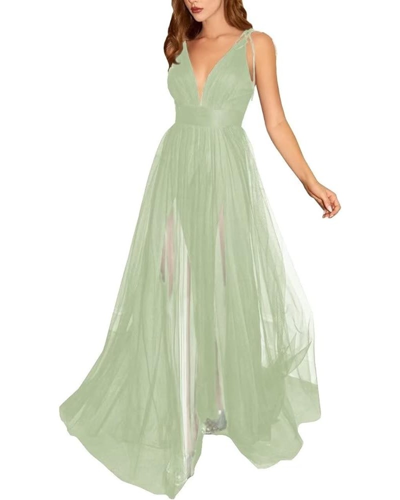 Tulle Long Prom Dresses Spaghetti Strap Deep V-Neck Sexy Split Formal Evening Party Gowns. Sage Green $36.25 Dresses