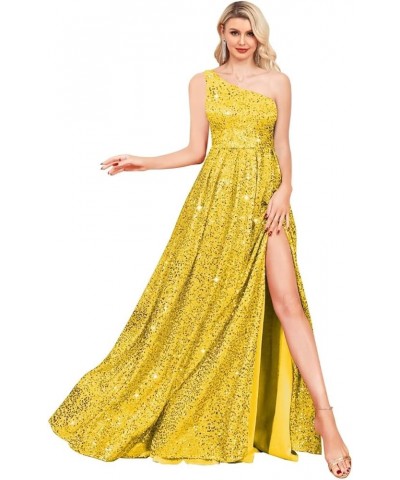 One Shoulder Sequin Prom Dresses for Women Aline Plus Size Ball Gown Sparkly Formal Evening Gowns Yellow $39.15 Dresses