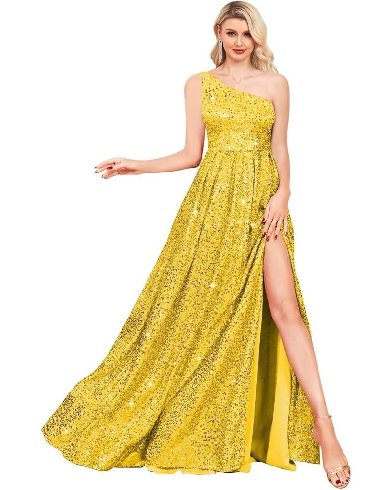 One Shoulder Sequin Prom Dresses for Women Aline Plus Size Ball Gown Sparkly Formal Evening Gowns Yellow $39.15 Dresses