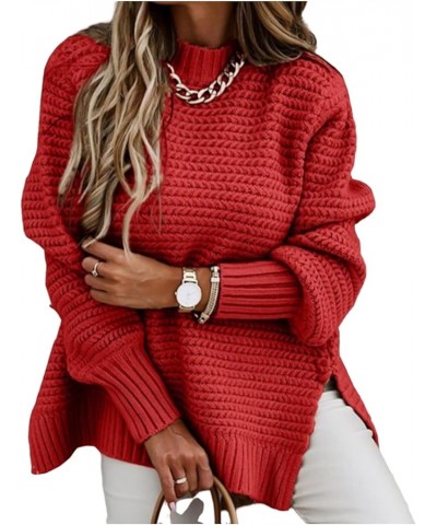 Oversized Sweater for Women Winter Turtleneck Solid Side Slit Sweaters Long Sleeve Chunky Cable Knit Jumper Tops Red $10.19 H...