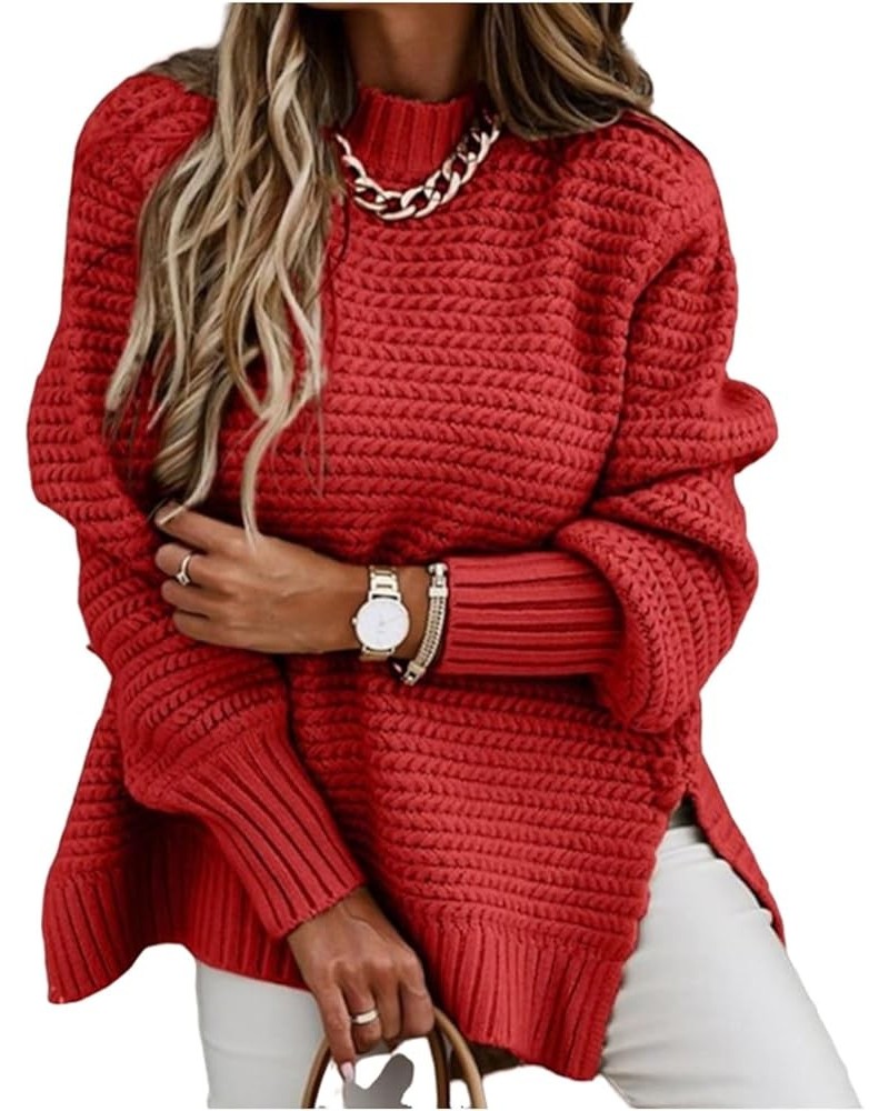 Oversized Sweater for Women Winter Turtleneck Solid Side Slit Sweaters Long Sleeve Chunky Cable Knit Jumper Tops Red $10.19 H...