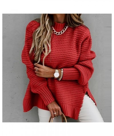 Oversized Sweater for Women Winter Turtleneck Solid Side Slit Sweaters Long Sleeve Chunky Cable Knit Jumper Tops Red $10.19 H...