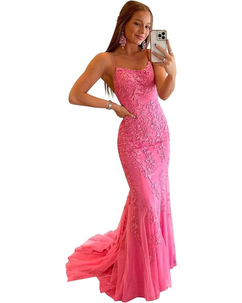 Women's Long Lace Prom Dresses Mermaid Spaghetti Straps Backless Formal Evening Gowns Hot Pink $47.05 Dresses