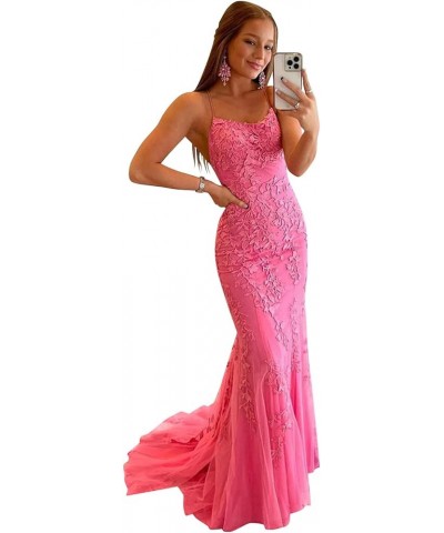 Women's Long Lace Prom Dresses Mermaid Spaghetti Straps Backless Formal Evening Gowns Hot Pink $47.05 Dresses