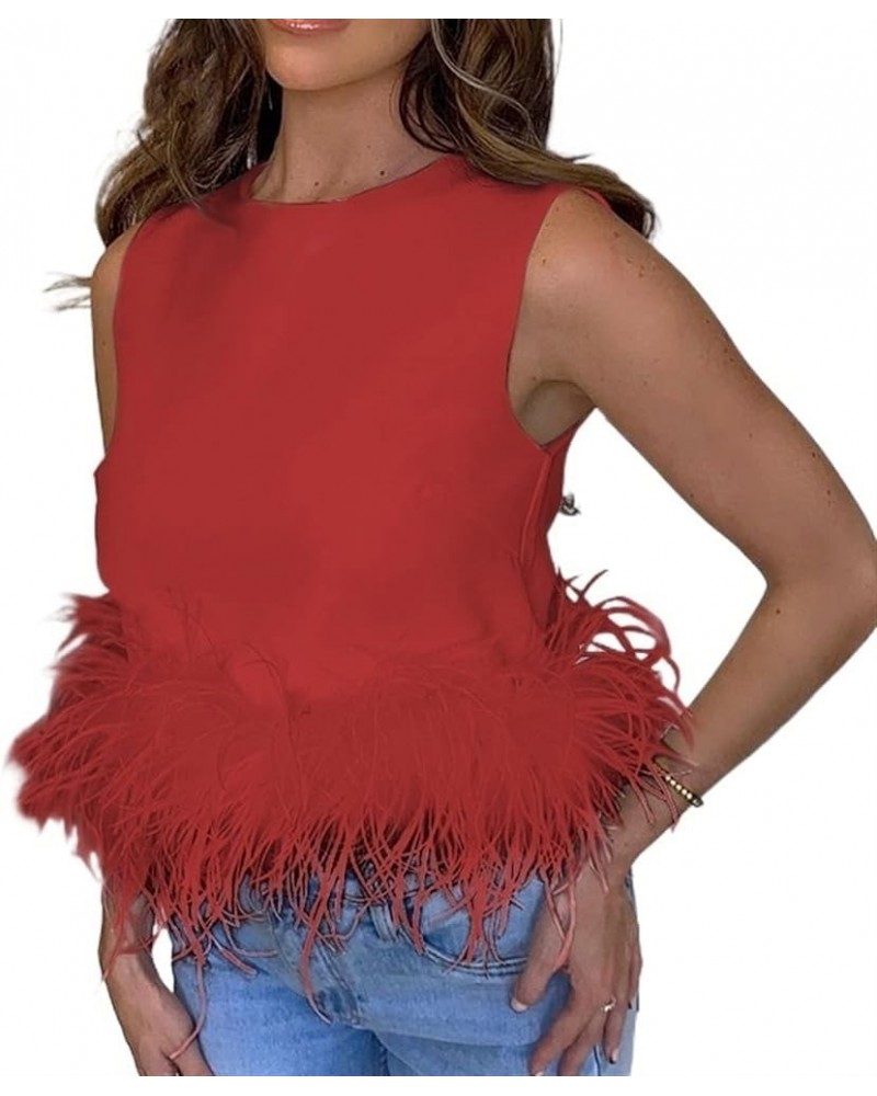 Feather Tops for Women Sexy Feather Crop Tops Faux Fur Trim Sleeveless Vest Tank Top Party Club Streewear Red $16.11 Tanks