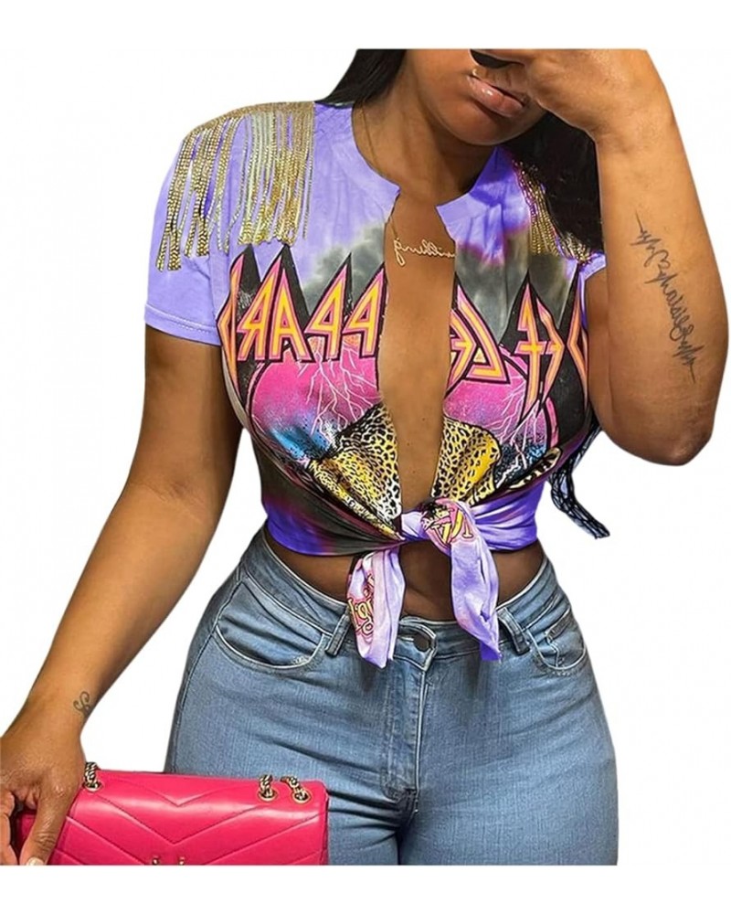 Women Sexy Graphic Tees Low Cut V Neck Tops Fringe Short Sleeve Shirts Knot Front Tops Purple $11.25 Tees