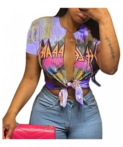 Women Sexy Graphic Tees Low Cut V Neck Tops Fringe Short Sleeve Shirts Knot Front Tops Purple $11.25 Tees