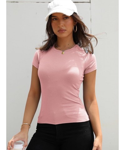 Womens Basic Short Sleeve Crewneck T Shirt Raglan Ribbed Knitted Slim Fit Casual Going Out Tops Light Pink $10.59 Tees