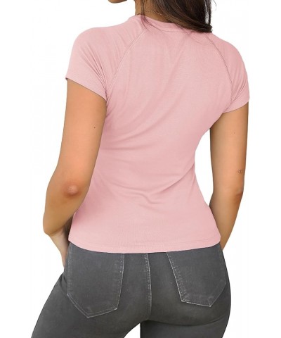 Womens Basic Short Sleeve Crewneck T Shirt Raglan Ribbed Knitted Slim Fit Casual Going Out Tops Light Pink $10.59 Tees