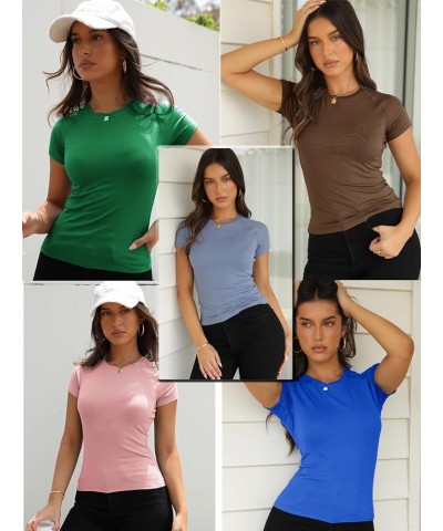 Womens Basic Short Sleeve Crewneck T Shirt Raglan Ribbed Knitted Slim Fit Casual Going Out Tops Light Pink $10.59 Tees