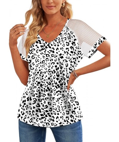 Casual V Neck T Shirts for Women Mesh Short Sleeve Dressy Tops Y8-white Leopard $16.79 Tees