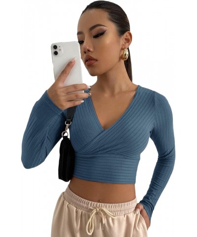 Women's Deep V Neck Long Sleeve Cross Wrap Crop Tops Dusty Blue $12.88 Tees