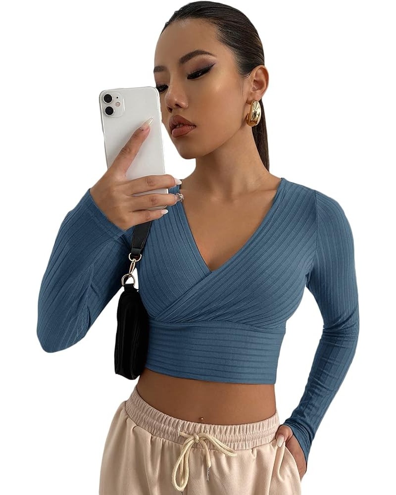 Women's Deep V Neck Long Sleeve Cross Wrap Crop Tops Dusty Blue $12.88 Tees