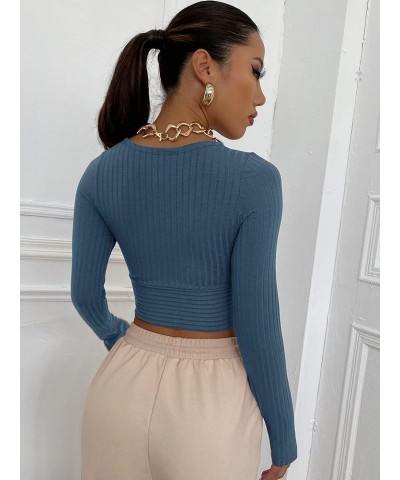 Women's Deep V Neck Long Sleeve Cross Wrap Crop Tops Dusty Blue $12.88 Tees