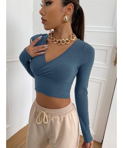 Women's Deep V Neck Long Sleeve Cross Wrap Crop Tops Dusty Blue $12.88 Tees