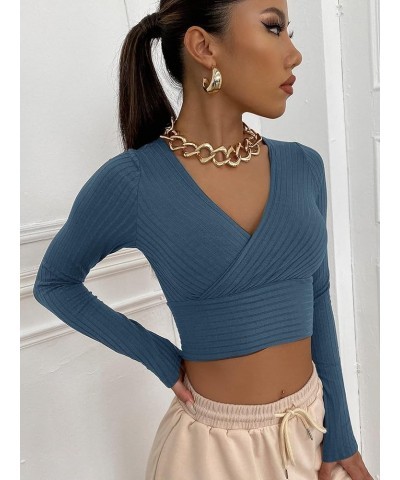 Women's Deep V Neck Long Sleeve Cross Wrap Crop Tops Dusty Blue $12.88 Tees