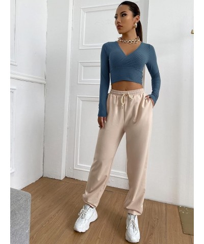 Women's Deep V Neck Long Sleeve Cross Wrap Crop Tops Dusty Blue $12.88 Tees