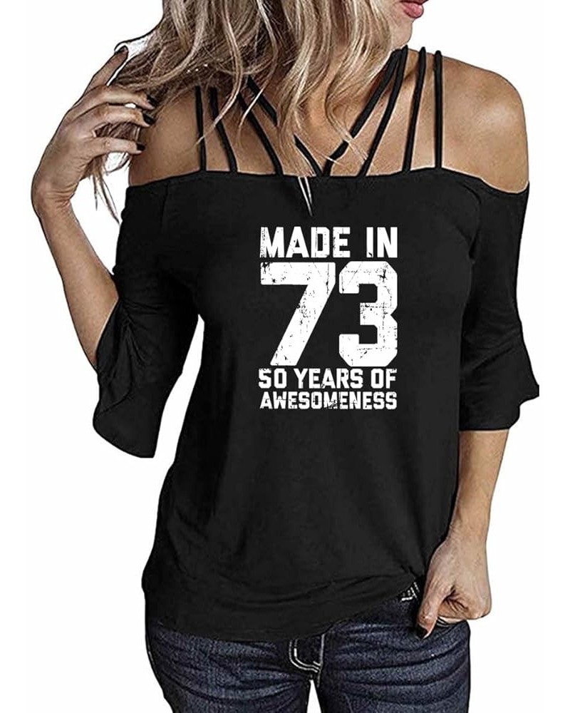 Made in 72 Printed 50th Birthday Women Casual Off The Shoulder Tops Ruffle Sleeve T Shirt Black-73-1 $12.92 Tees