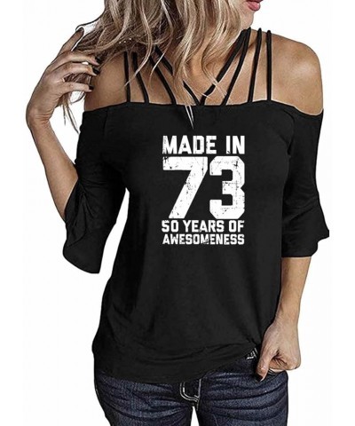 Made in 72 Printed 50th Birthday Women Casual Off The Shoulder Tops Ruffle Sleeve T Shirt Black-73-1 $12.92 Tees