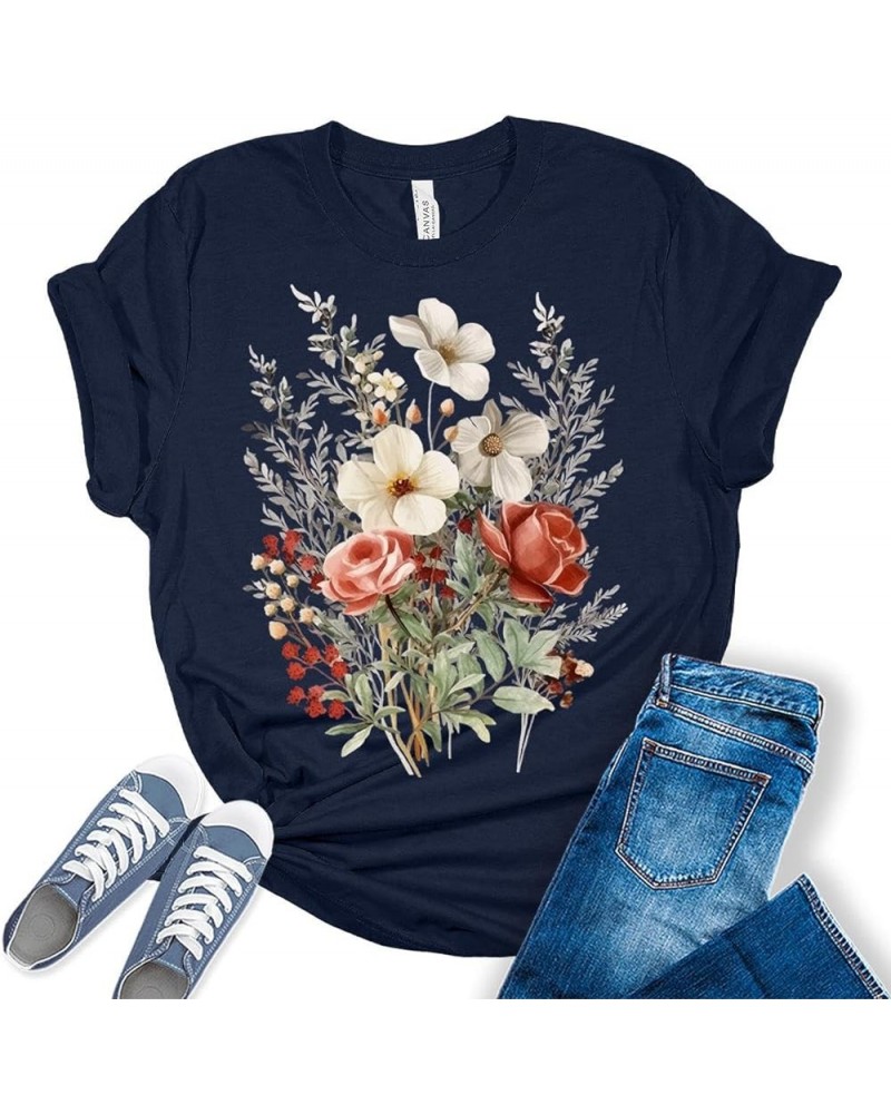 Womens Floral Shirts Trendy Wildflower Vintage Graphic Tees Butterfly Short Sleeve T Shirts Bella Summer Tops Ze - Navy $14.2...