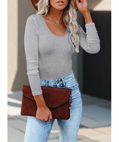 Women's Long Sleeve Shirts Scoop Neck Ribbed Knit Tops Slim Fitted Casual Basic Blouses Long Sleeve Grey $14.49 Blouses