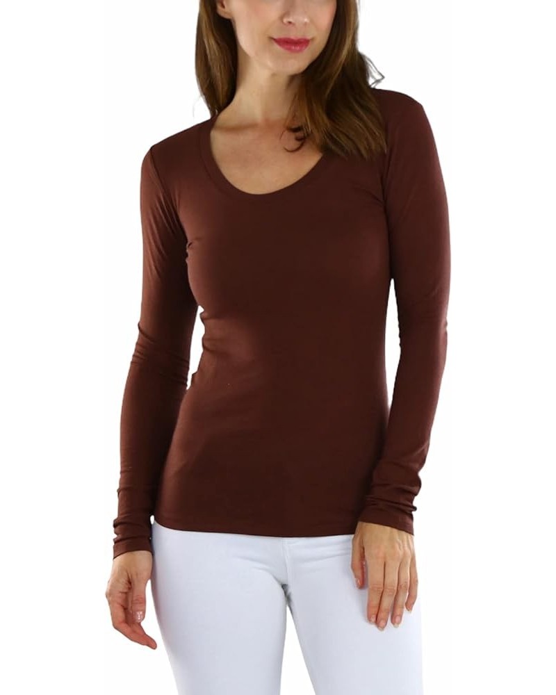 Junior Women's Slim Fit Long Sleeve Shirt Scoop Neckline Basic Tee Layering Cotton Top Sepia $8.98 Tees