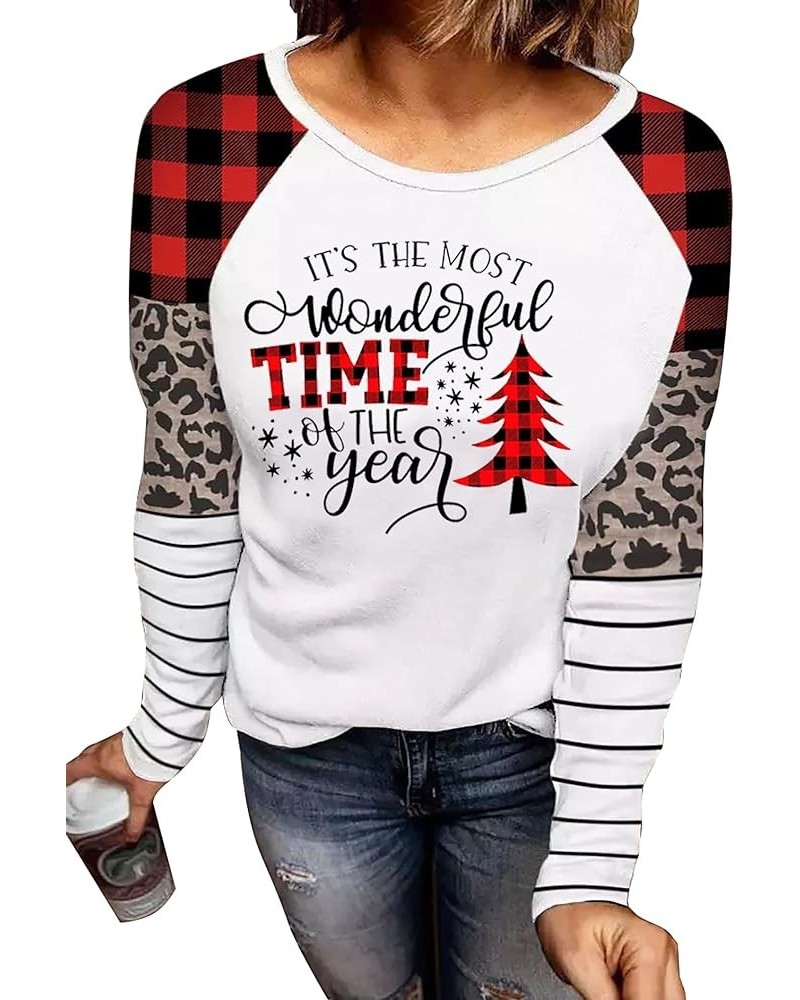 Merry Christmas Baseball T-Shirt for Women Xmas Buffalo Plaid Christmas Tree Graphic Tees Splicing Long Sleeve Shirt L-white ...