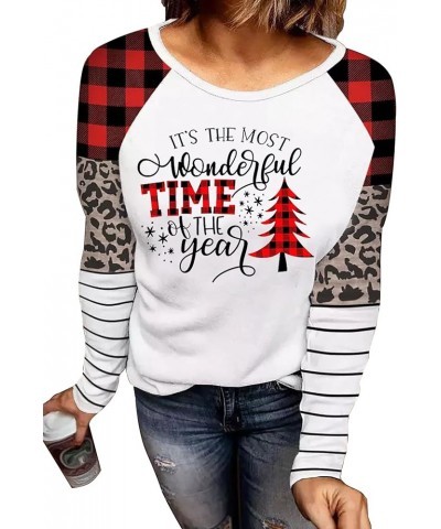 Merry Christmas Baseball T-Shirt for Women Xmas Buffalo Plaid Christmas Tree Graphic Tees Splicing Long Sleeve Shirt L-white ...