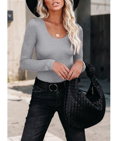 Women's Long Sleeve Shirts Scoop Neck Ribbed Knit Tops Slim Fitted Casual Basic Blouses Long Sleeve Grey $14.49 Blouses