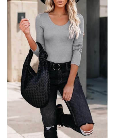 Women's Long Sleeve Shirts Scoop Neck Ribbed Knit Tops Slim Fitted Casual Basic Blouses Long Sleeve Grey $14.49 Blouses