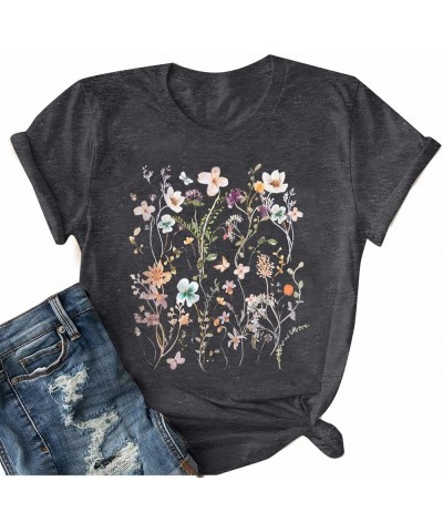 Women's Vintage Flowers Shirt Boho Floral Printed T-Shirt Sunflower Wildflowers Graphic Tees Holidday GiftsTops Dark Grey $10...