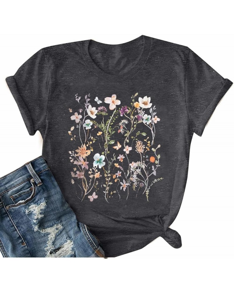 Women's Vintage Flowers Shirt Boho Floral Printed T-Shirt Sunflower Wildflowers Graphic Tees Holidday GiftsTops Dark Grey $10...