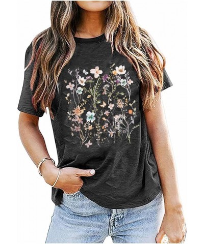 Women's Vintage Flowers Shirt Boho Floral Printed T-Shirt Sunflower Wildflowers Graphic Tees Holidday GiftsTops Dark Grey $10...