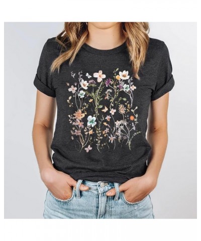 Women's Vintage Flowers Shirt Boho Floral Printed T-Shirt Sunflower Wildflowers Graphic Tees Holidday GiftsTops Dark Grey $10...