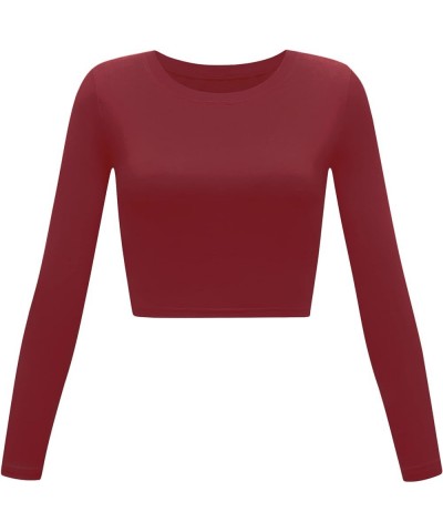 Women's Basic Round Neck Long Sleeve Crop Top Jujube Red $12.90 Tees