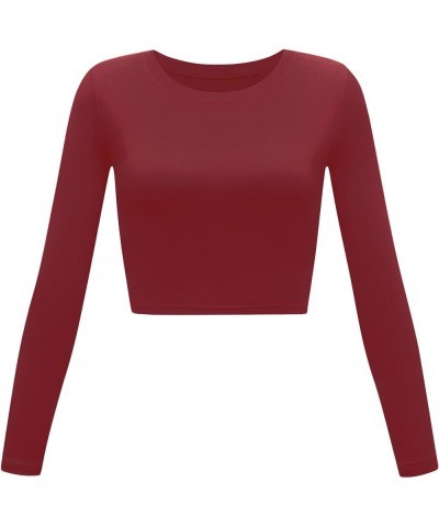 Women's Basic Round Neck Long Sleeve Crop Top Jujube Red $12.90 Tees