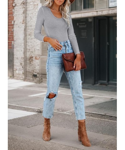 Women's Long Sleeve Shirts Scoop Neck Ribbed Knit Tops Slim Fitted Casual Basic Blouses Long Sleeve Grey $14.49 Blouses