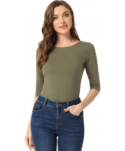 Women Elbow Sleeves Round Neck Slim Fit Tee Olive Green $11.50 Tees